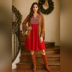 See and Be Seen Red Embroidered Linen Boho Midi Dress – Size Small, NWT